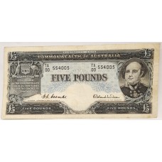 AUSTRALIA 1954 . FIVE 5 POUNDS BANKNOTE . COOMBS/WILSON . FIRST PREFIX TA00